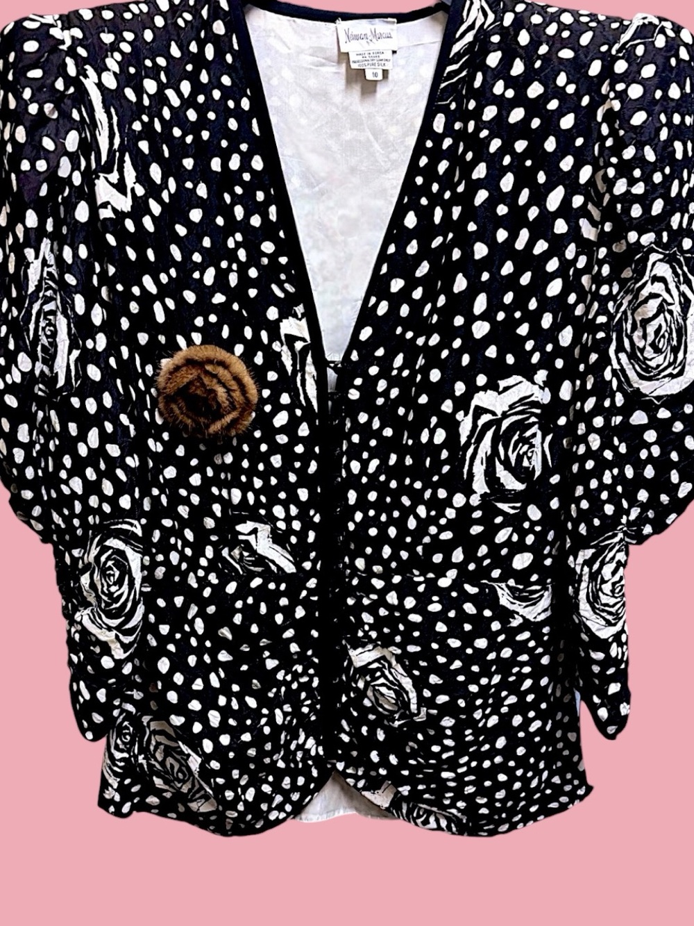 NEIMAN MARCUS 80s B&W Camellia Silk Puff Sleeved Blouse Jeweled Buttons Sz 10